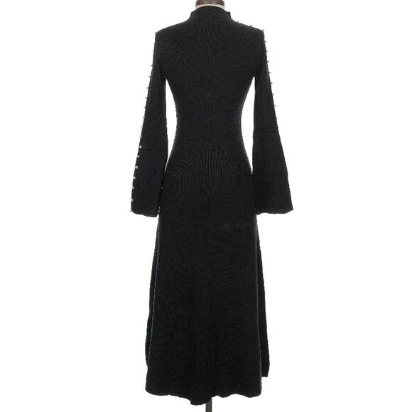Sandro Lizza Black Ribbed Sweater Knit Pearl Trim Monk Neck Midi Dress 1 S - Picture 6 of 12